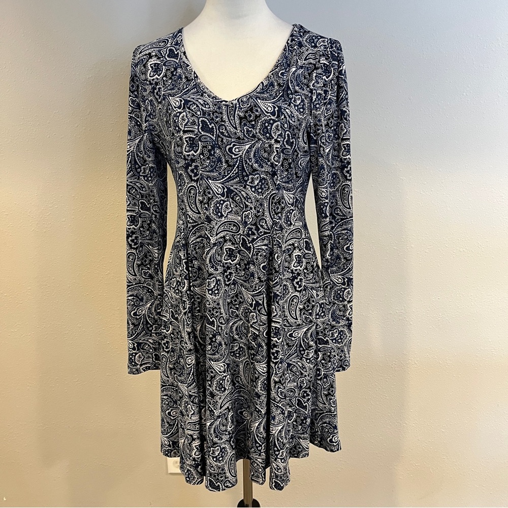 Cecico Blue and White‎ Paisley Long Sleeve stretchy mini Dress size large